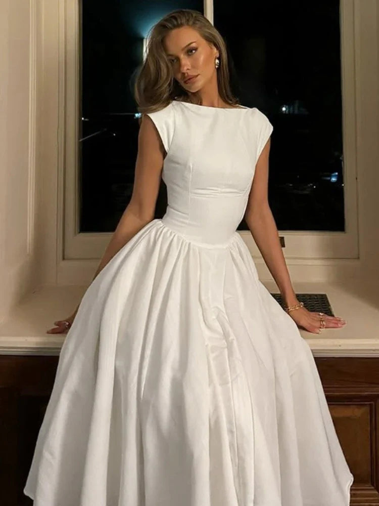 FDYOUI Elegant Sleeveless Backless A-line Party Dress for Woman 2026 Summer Tunics High Waist Solid Wedding Evening Prom Dresses