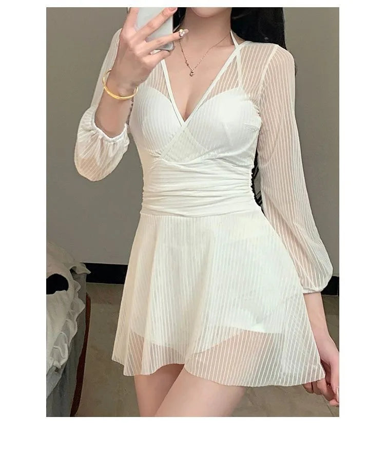 Swimsuit Women's Summer New One-piece Skirt Style Slimming Lace Long Sleeved Small Chest Steel Support Hot Spring Swimsuit