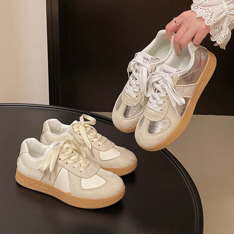Silver Patchwork Platform Sneakers Women Thick Bottom Lace Up German Training Shoes Woman Spring Autumn Korean Non Slip Flats