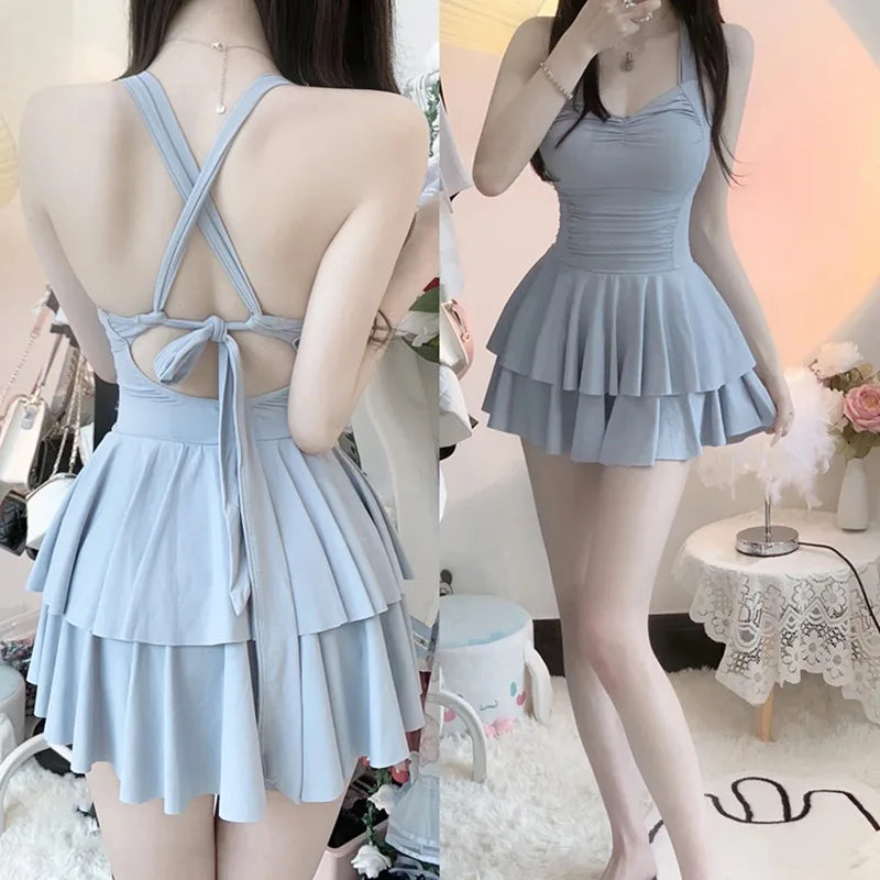 Swimsuit Fairy One-piece Solid Color Conservative Slightly Chubby Slimming Girl Sweet Student Pure Desire Hot Spring Swimsuit