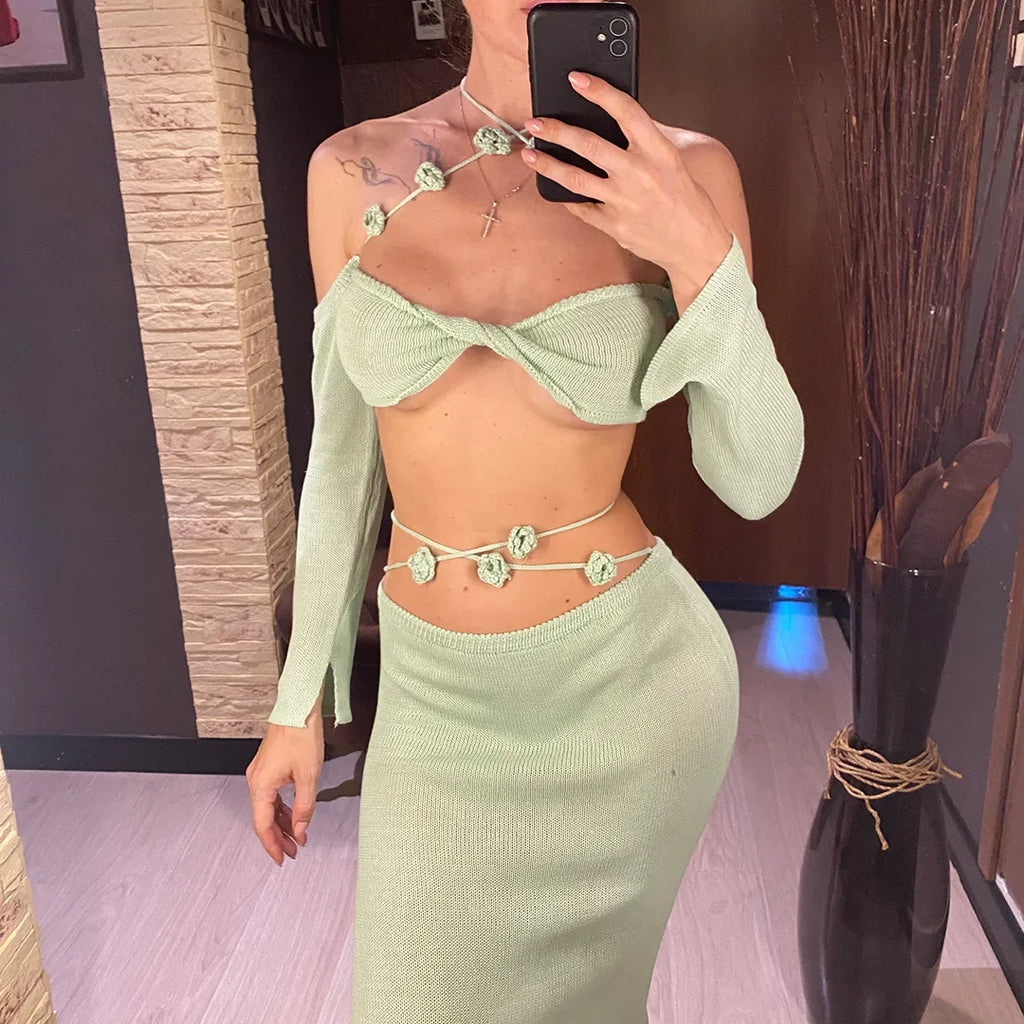 Sexy Knitted Sling Long Skirts Woman's Set Casual Slim Solid Lace Up Tube Tops Slit Skirt Sets Female Summer Beach Dress V6187