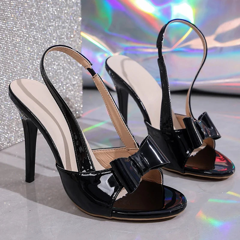 Elegant Bowknot Stiletto High Heel Sandals Women Sexy Black Super High Heeled Party Shoes Woman Plus Size 42 Slip On Sandalias
