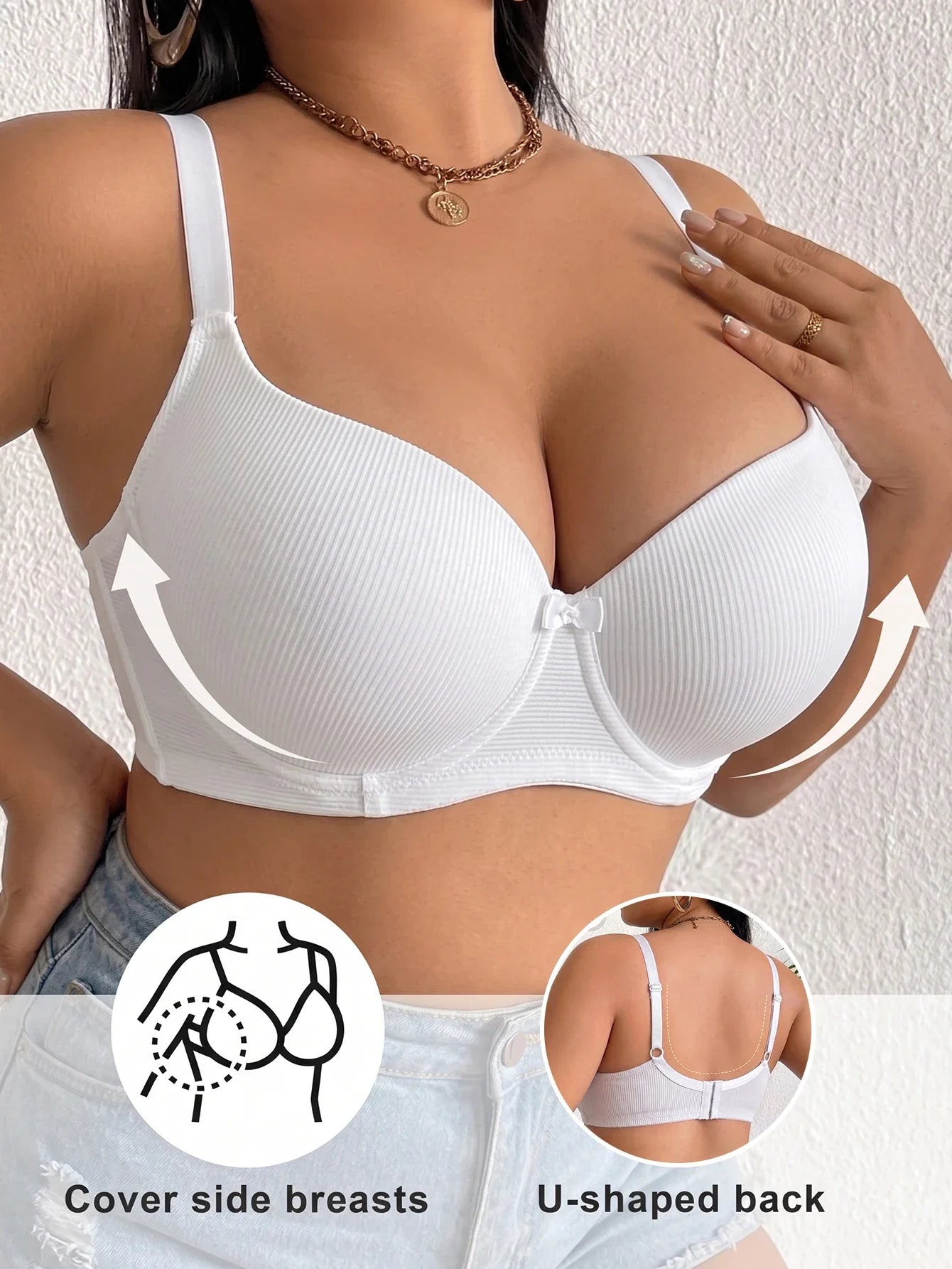 Plus Size Women's B C D Thin Cup Ribbed Push Up Bra Wide Straps Underwire Side gather Lingerie Comfort Ladies Brassiere