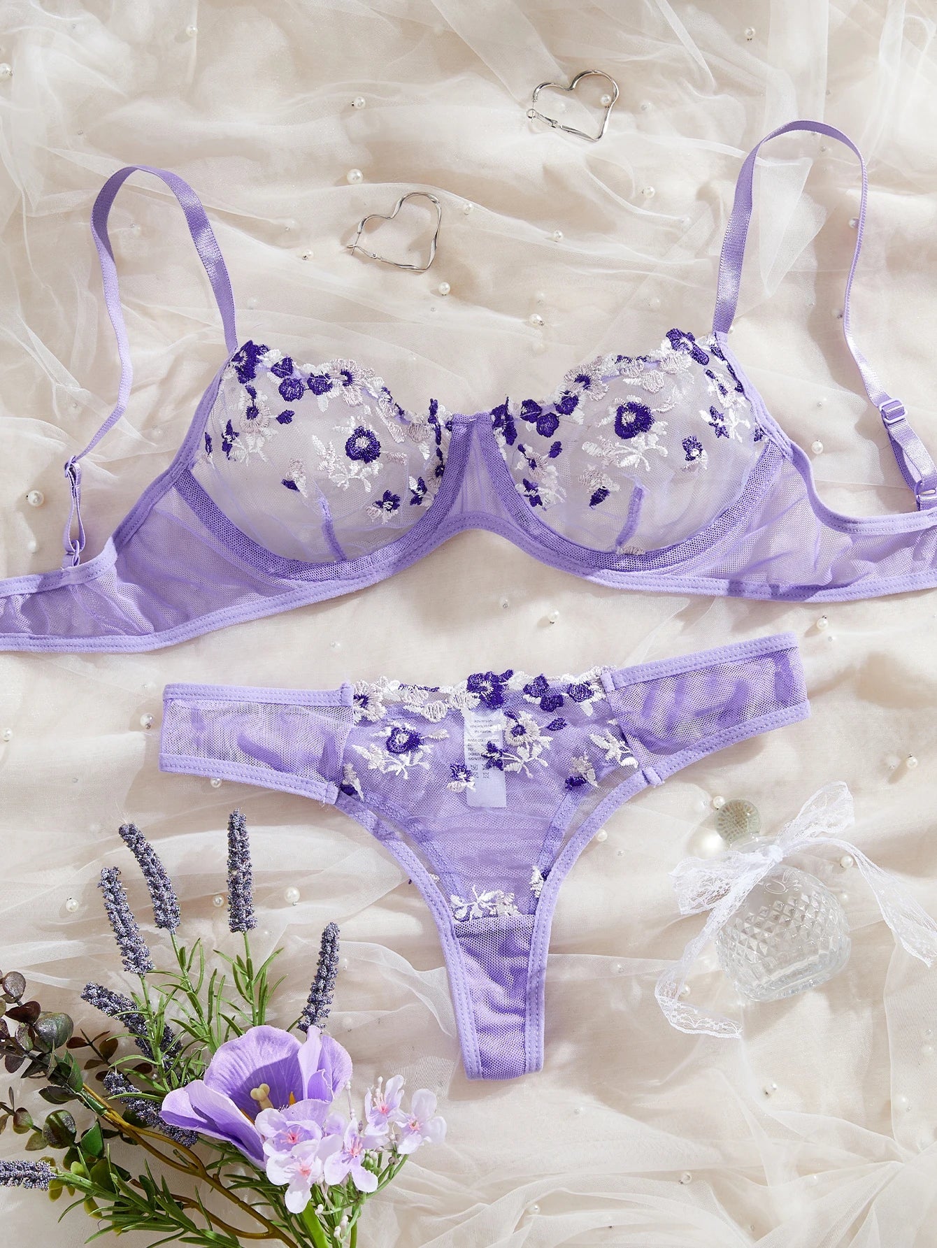 Womens Embroidered Bralette Lingerie And Panty Set Floral Design Soft Stretch Fabric Comfortable Everyday Underwear