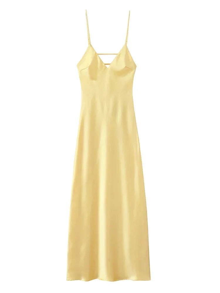 Foridol V Neck Backless Satin Long Dress Women Sexy Beach New in Maxi Summer Dress Spaghetti Strap Yellow Party Vestidos 2025