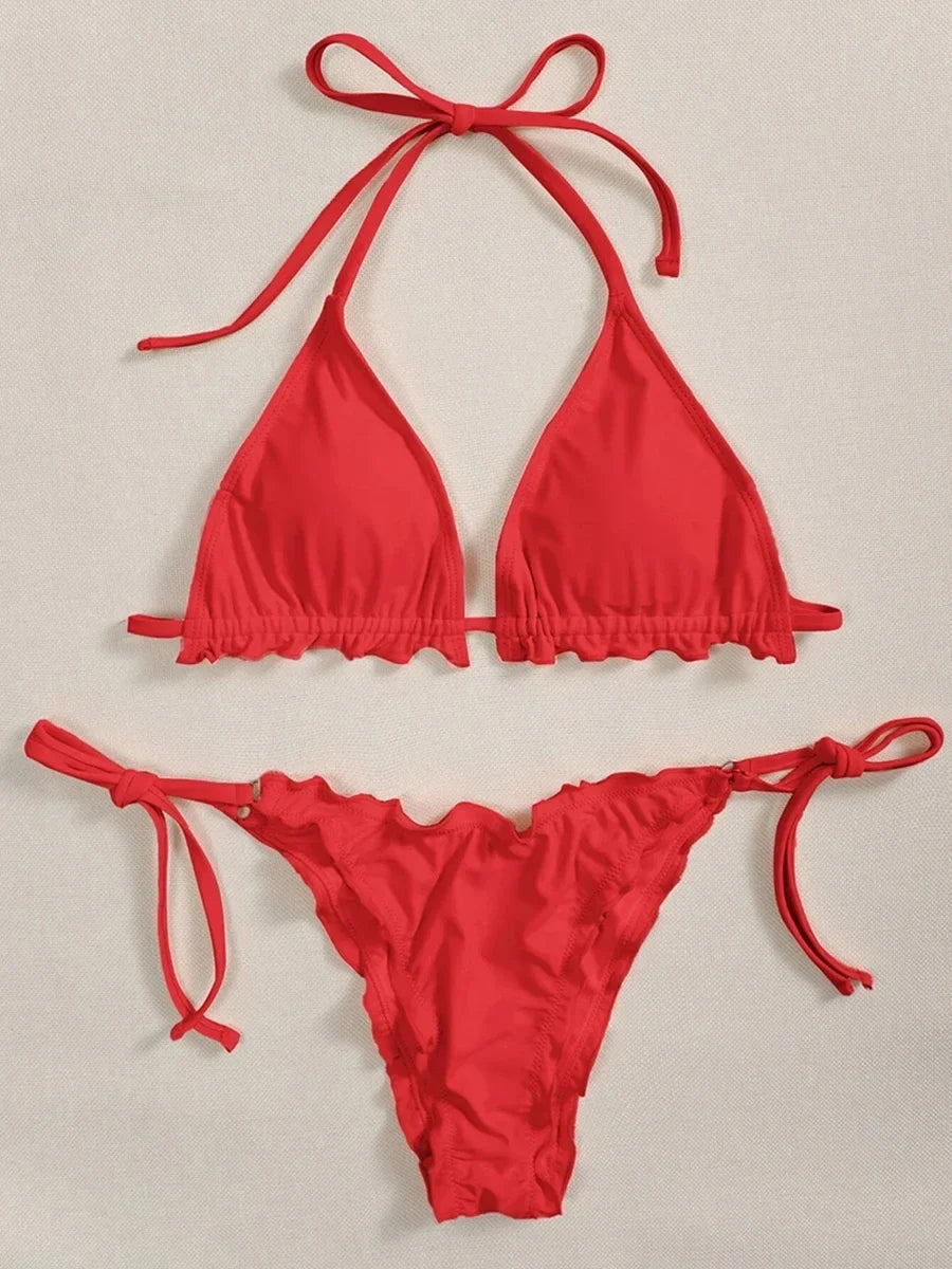 Halter String Ruffled Frilled Bikini 2026 Women Swimsuit Female Swimwear Two Pieces Bikini Set Padded Bather Bathing Suit Swim