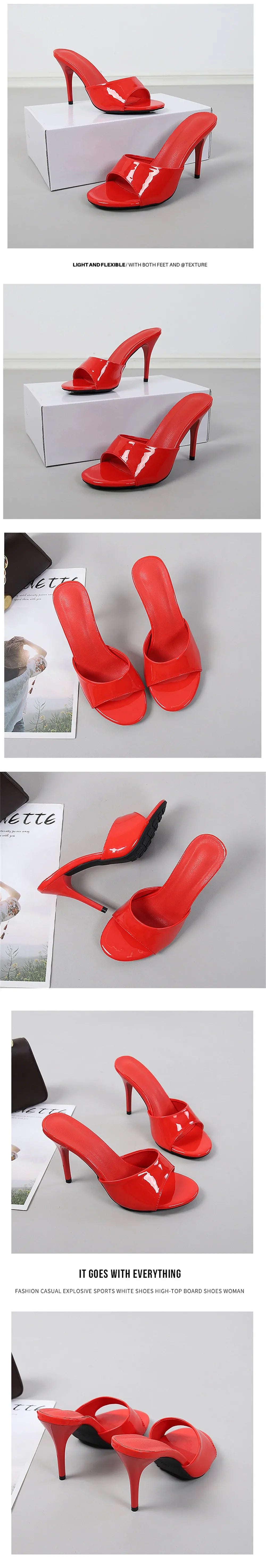 2025 Brand Design Red High Heels Outdoor Slipper Slides Sandals Women Elegant Black Open Toe Summer Nude Mules Shoes Big Size 43