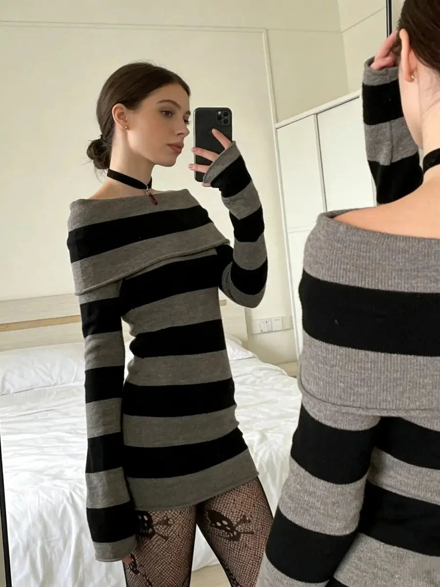 Women Autumn Dress Striped Boat-Neck Long Sleeve Bodycon Short Dress Y2K Gothic Wrapped Hip Party Dresses