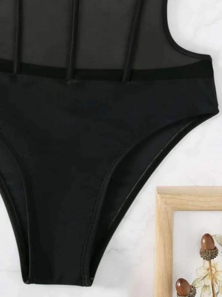 Halter Mesh Sheer Underwired One Piece Swimsuit Women Swimwear Female Backless Hollow Out Monokini High Cut Bathing Suit Swim