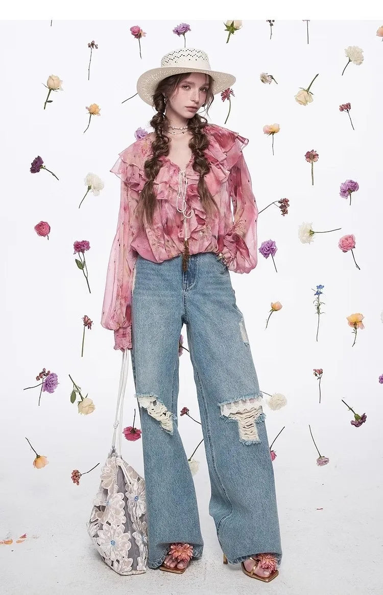Ladies French ruffled chiffon shirt spring new temperament top