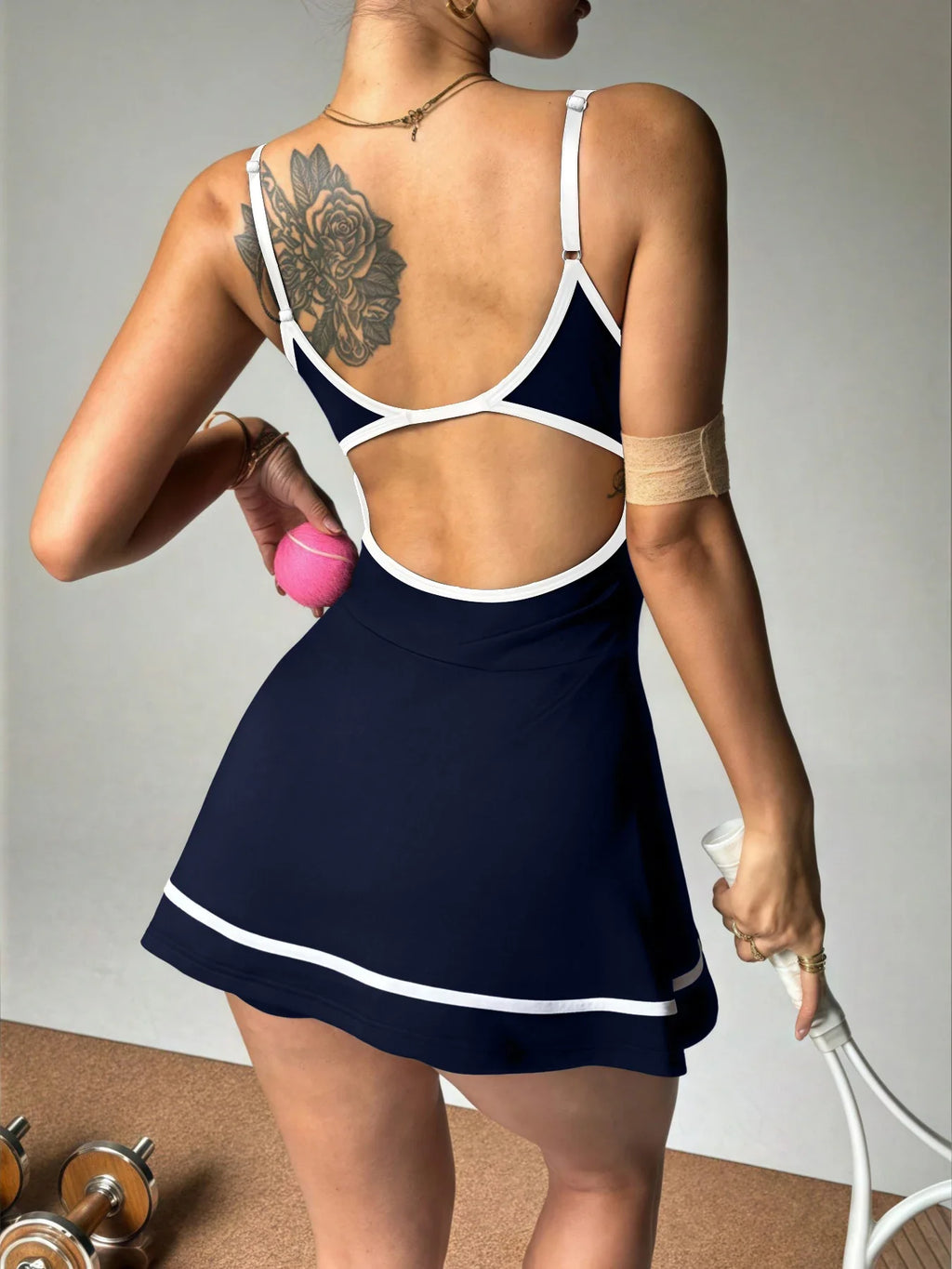 Women's color blocked camisole dress hanging sleeveless thickened tennis sportswear slim fit gym sportswear short skirt