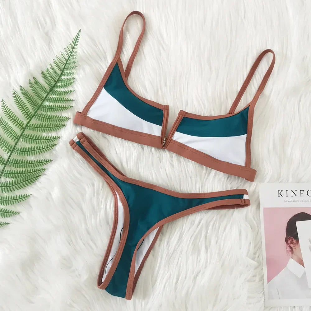 Splicing V Shaped Micro Thong Bikini Women Swimsuit Female Swimwear Two Pieces Bikini Set Push Up Bathing Suit Swim Beachwear
