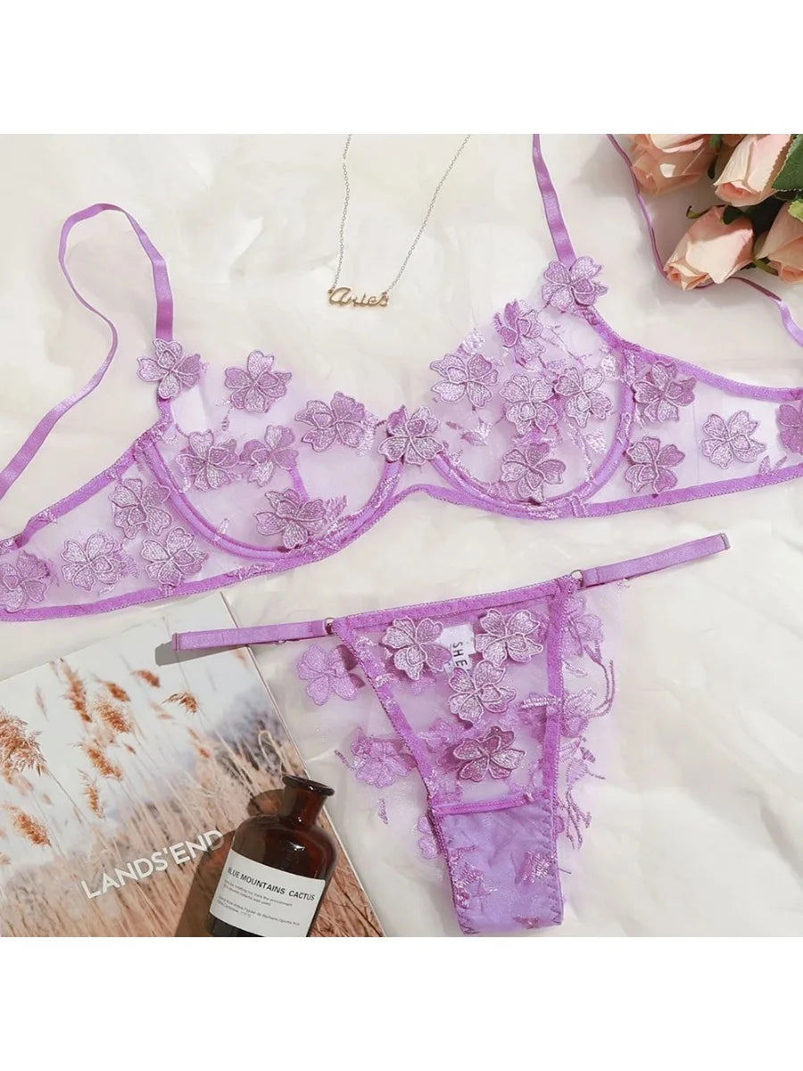 Toucheart Sexy Lingerie Set Transparent Feminine Sweet Mesh Embroidered Lace Bra Flower Applique Transparent Lingerie Women Kit