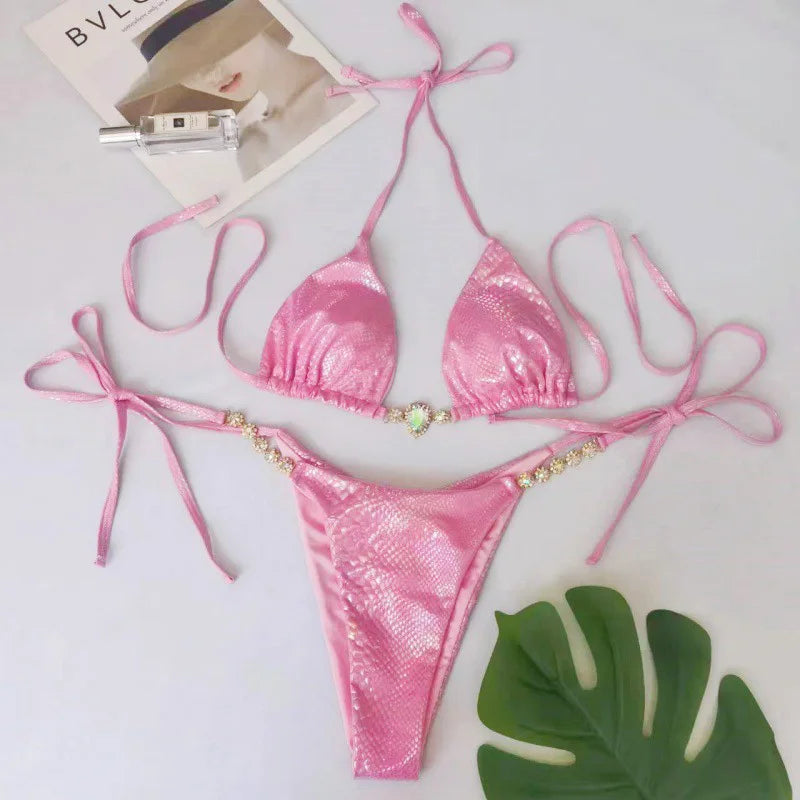 Snake Skin Rhinestone Diamond Bikini Female Swimsuit Women Swimwear Two-pieces Bikini Set High Cut Halter Bathing Suit Swim Lady
