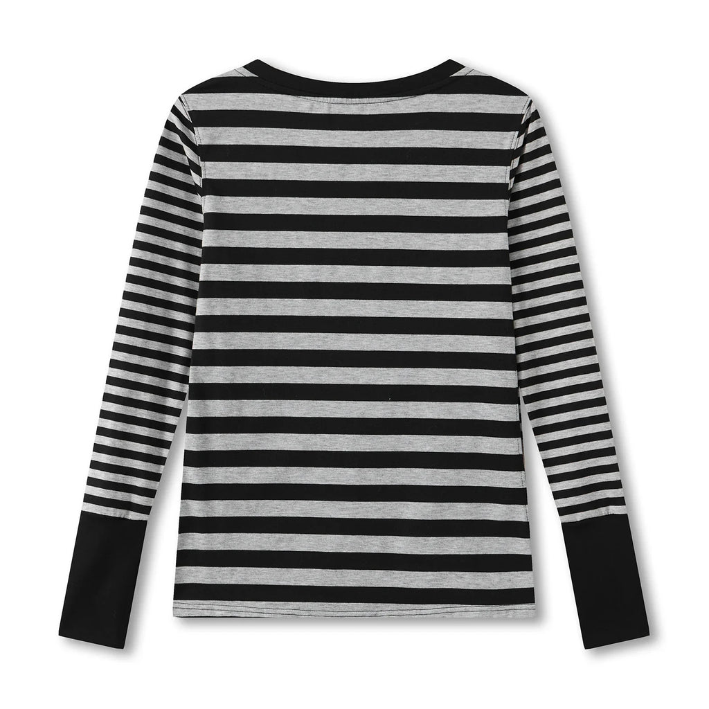 Women Striped Print Long Sleeve Tops Fitted Round Neck Fall T-shirts Casual Streetwear for Daily Office Party