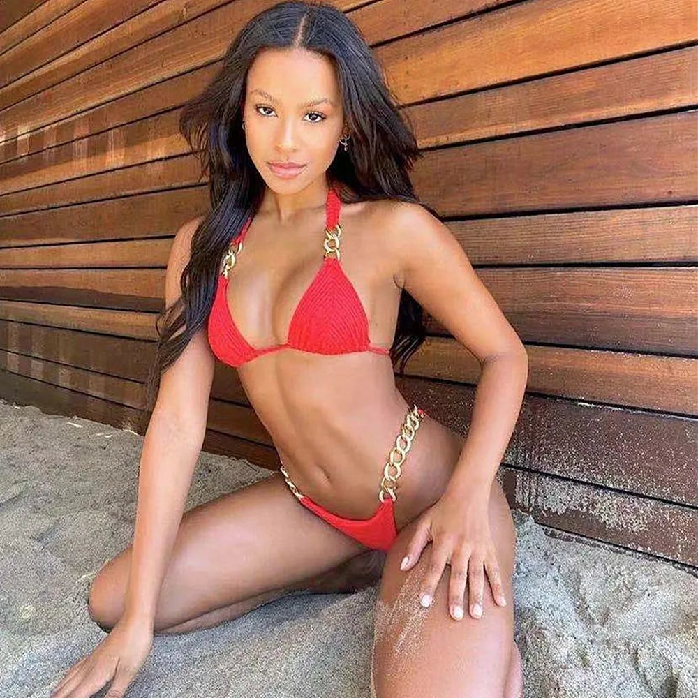 9 Colors Sexy Bikini Women Shining Fabric Golden Rhinestone Chain Swimwear Swimsuit Solid Halter Bikinis Set Bathing Suit Female