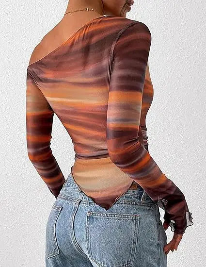 Women's Off-Shoulder Ruffled Sleeve Long-Sleeve Top with Asymmetrical Tie-Dye Mesh Asymmetrical Pleated Floral Print T-Shirt