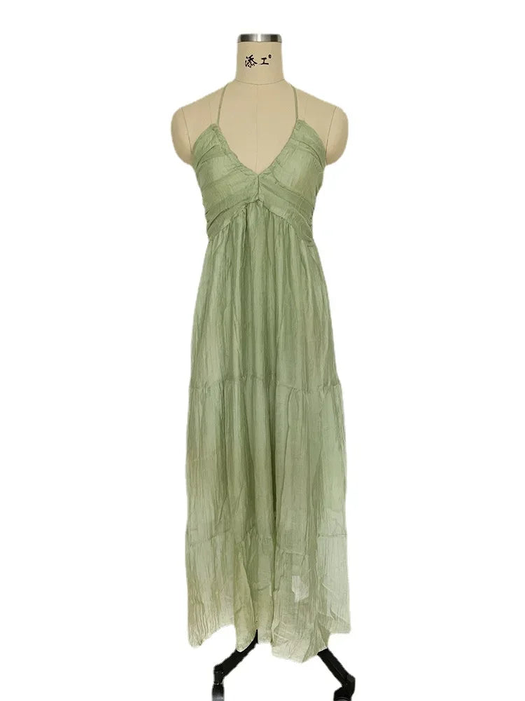 Foridol Backless Sexy Summer Dress for Women Off Shoulder Halter Long Dress Green V Neck Holiday Beach Sundress Party Boho Dress