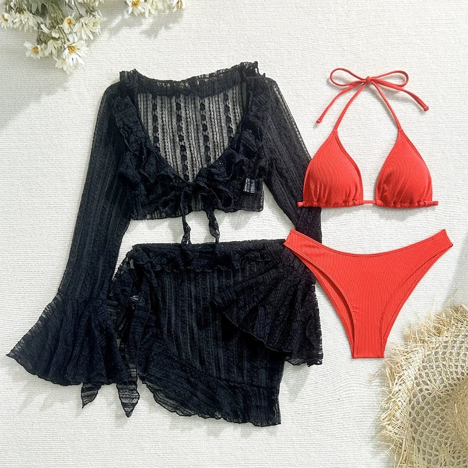 DEKA 4Pcs/Set Mesh Sheath Bikini Set Female Mini Camis Briefs Short Skirt Swimwear Fashion Drawstring Long Sleeve Boho Swimsuit