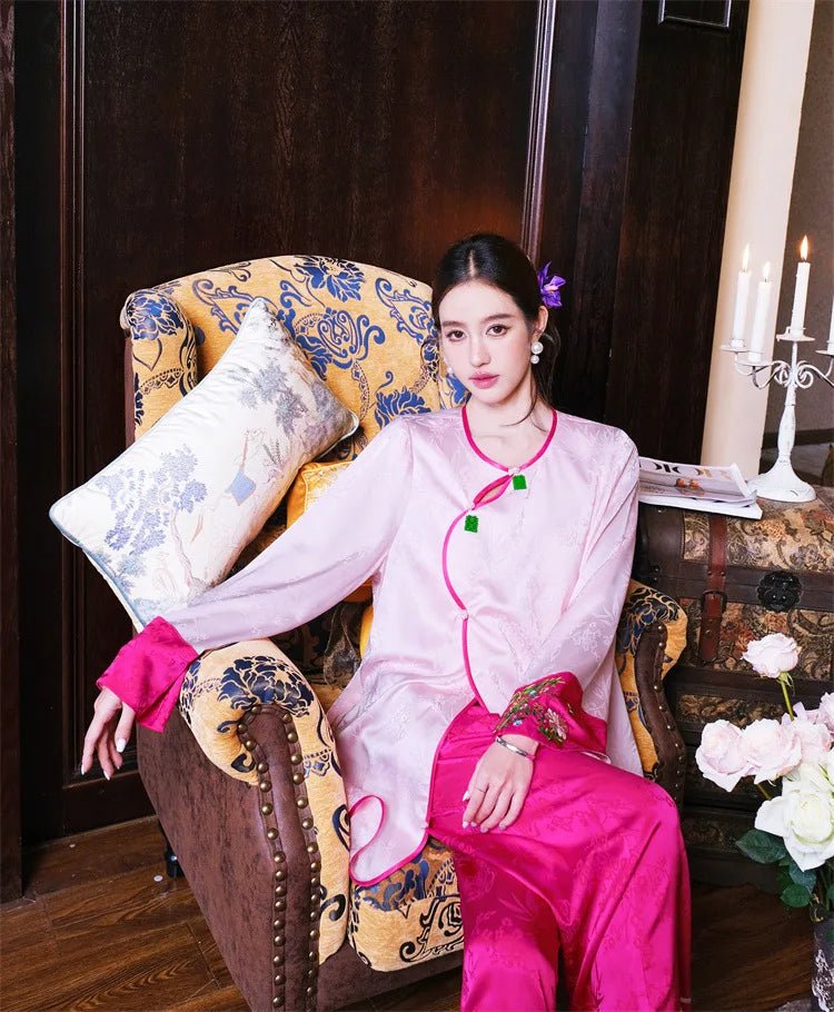 New Chinese style pajamas with breast pads, simulated silk, ice silk home wear, satin jacquard pajamas set