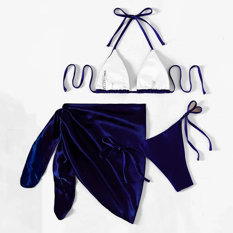3pcs Halter with Skirt Sarong Satin Bikini Women Swimwear Female Swimsuit Three-pieces Bikini Set Micro Bather Bathing Suit Swim