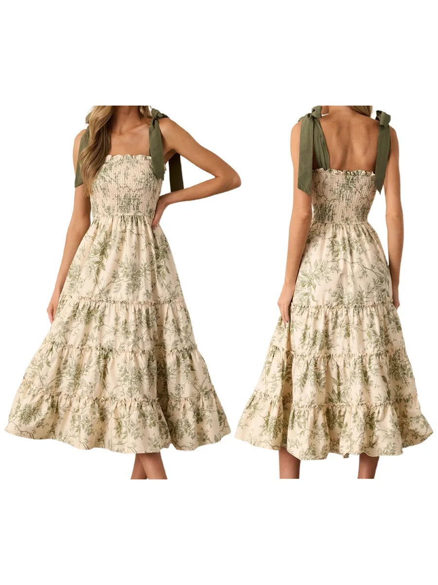 Women's Summer Floral Print Dresses Stylish Ruffled Trim Smocked Sleeveless Tie-Shoulder A-Line Dress