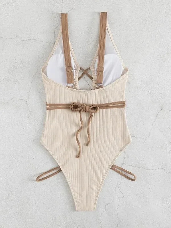 New Sexy One Piece Swimsuit Swimwear Women Pit Striped Hollow Backless Cross Straps Solid Beachwear Bathing Suit Banadores Mujer