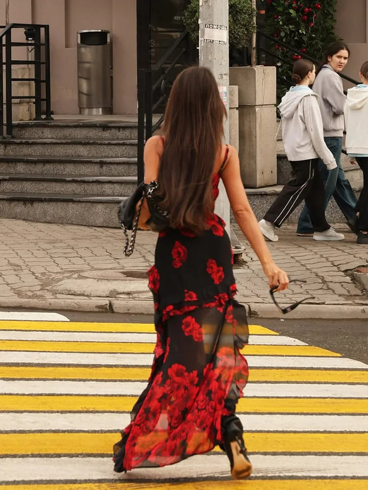 Ahagaga 2025 Summer Fashion Women's Straps Dresses Print Asymmetrical Chiffon Floral Streetwear Skinny Trailing Yk2 Vestidos