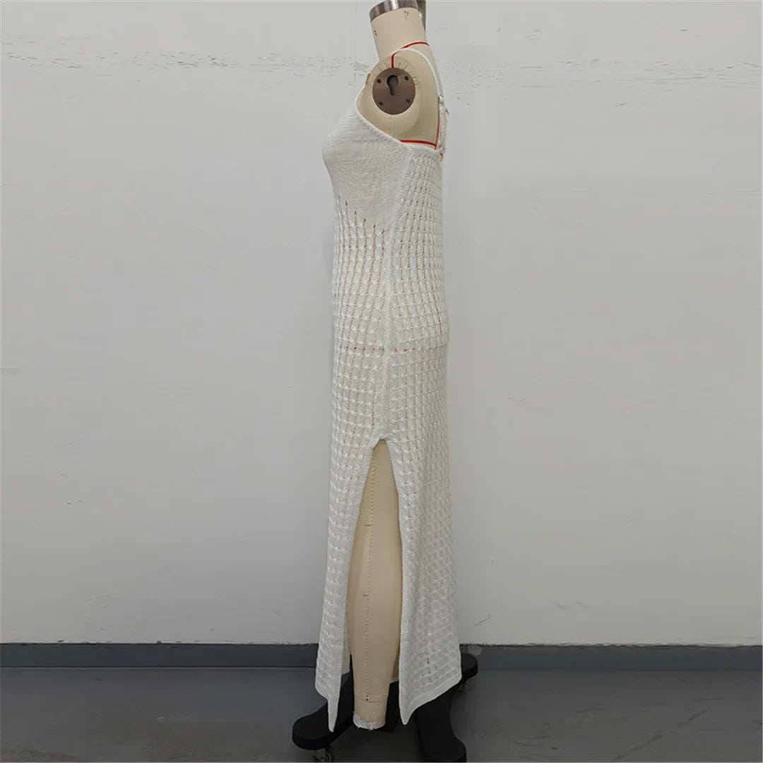 V Neck Sleeveless Hollow Out Crochet Knitted Tunic Beach Cover Up Cover-ups Beach Dress Beach Wear Beachwear Female Women V7212
