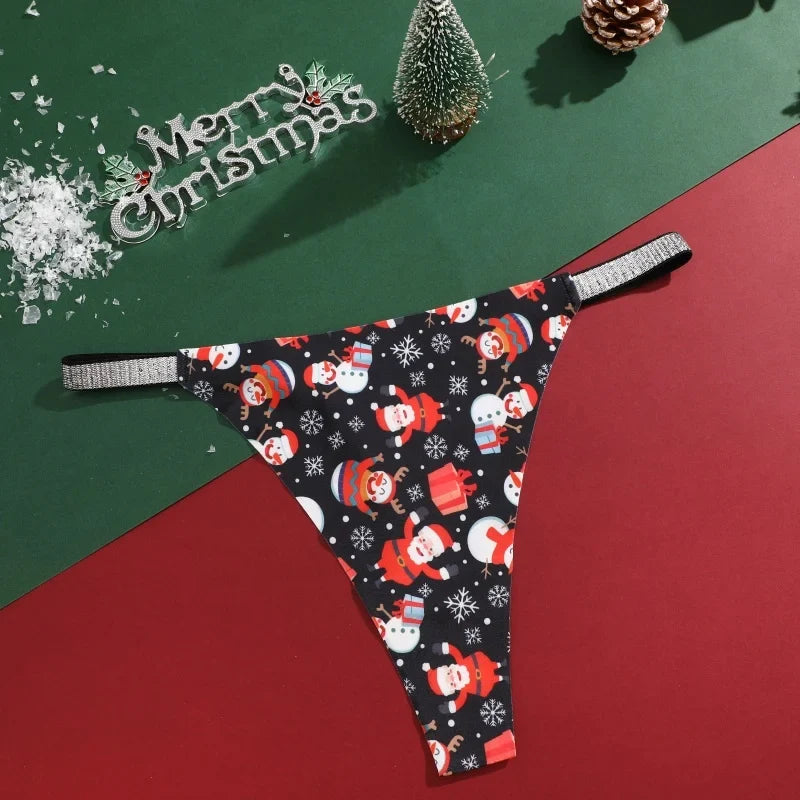 4Pcs Christmas Print Underwear Breathable Shiny Belt Thong Women Skin-friendly Fashionable Casual Christmas Gifts