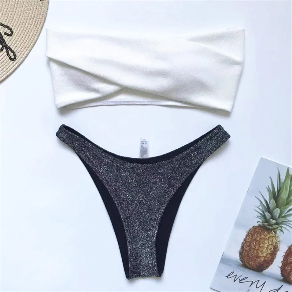 New Sexy Bandeau Shiny Glitter Bikini Women Swimwear Female Swimsuit Two-Pieces Bikini Set Bather Bathing Suit Swim Lady V1109