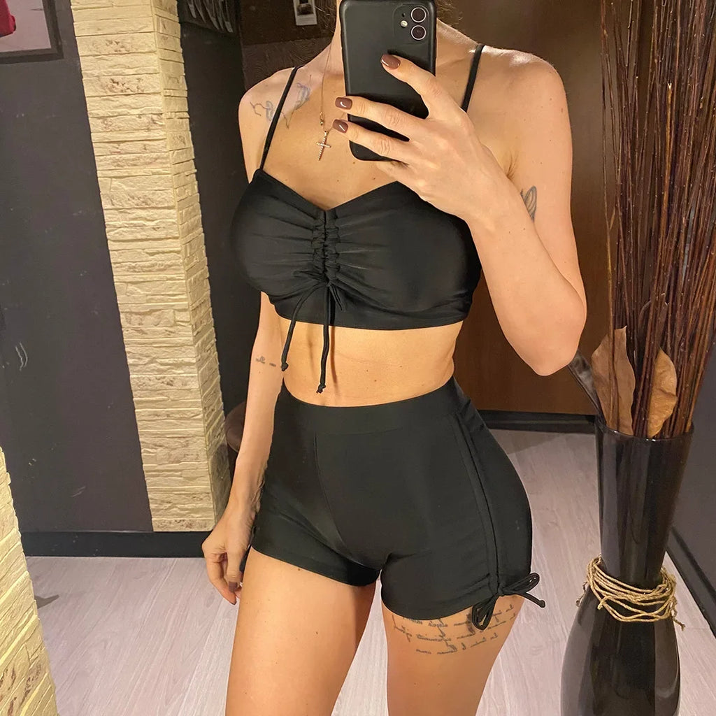 Wrinkled Knotted Shorts High Waist Bikini Female Swimsuit Women Swimwear Two-Pieces Bikini Set Bather Bathing Suit Swim V6197