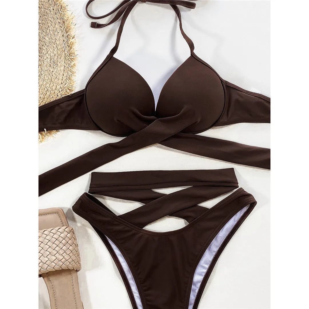 Sexy Wrap Around High Waist Bikini Female Swimsuit Women Swimwear Two-pieces Bikini Set Bandage Bather Bathing Suit Swim V3115