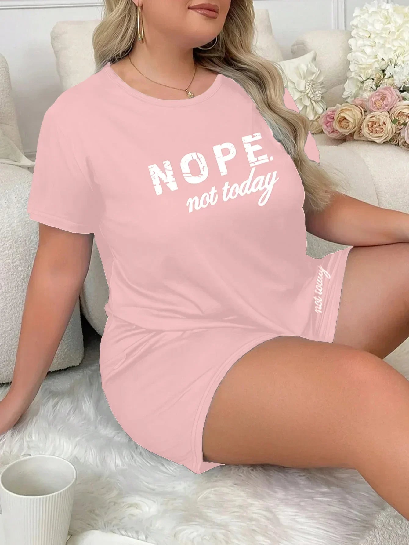 Plus Size 3XL 4XL 5XL Casual Loungewear Letters Print Pajamas Set Women's Short Sleeve Tee And Elastic Shorts Homewear