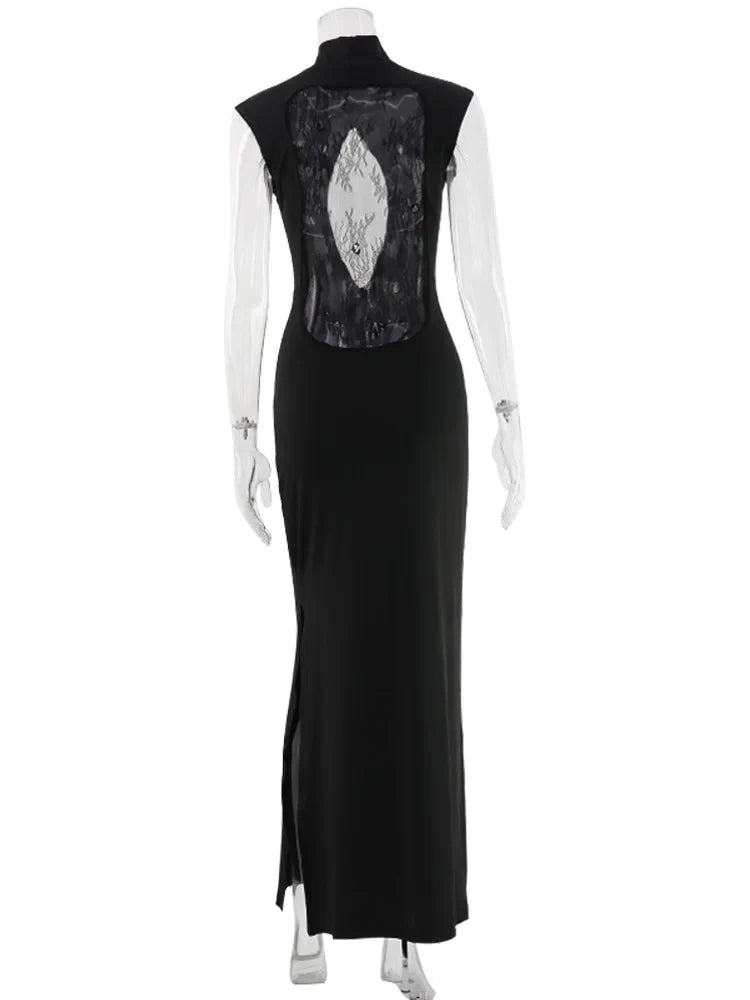 Ahagaga Fashion Sexy Women's Maxi Dresses Turtleneck Short Sleeves Hollow Out Lace Patchwork Sheath Split Party Solid Vestidos