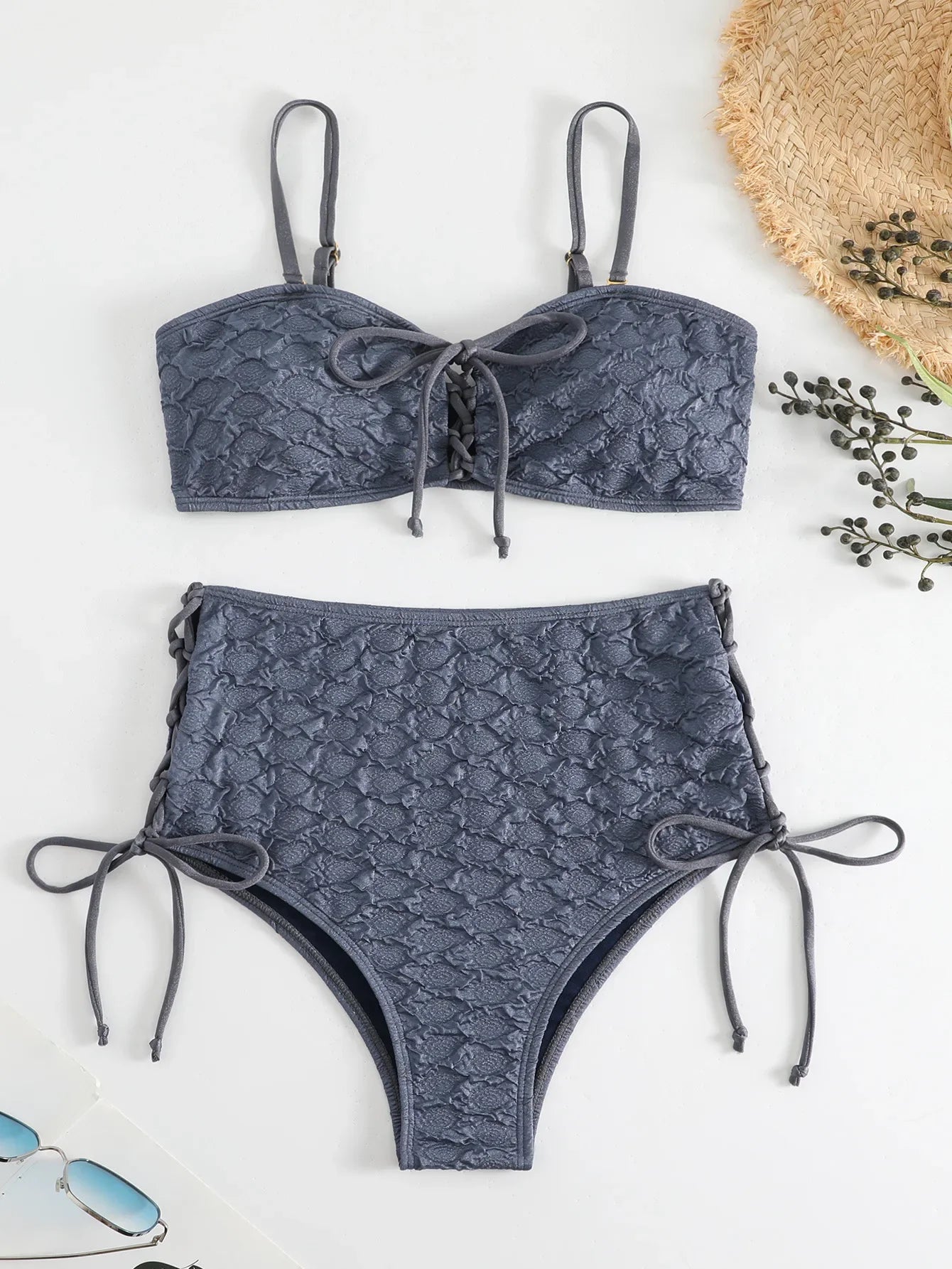 Sexy Drawstring Side High Waist Bikini Set 2025 Women Solid White Hole Out Push Up Swimsuit Beach Bathing Suit Holiday Swimwear