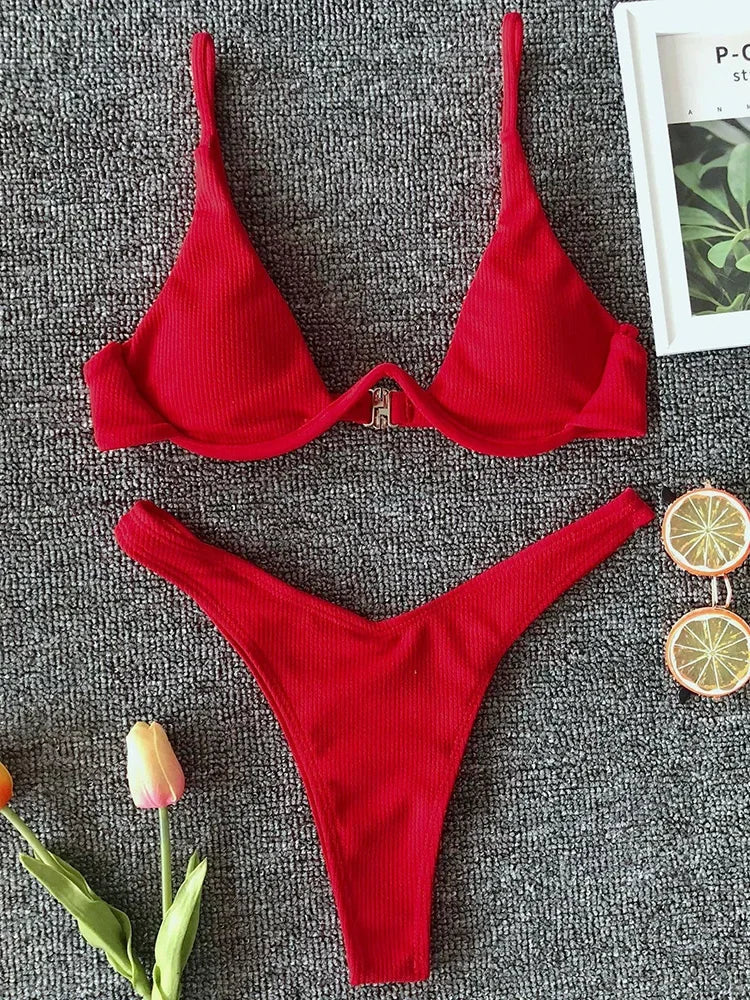 Sexy Neon V-bar Underwired Bikini 2025 Female Ribbed Swimsuit Women Thong Swimwear Two-pieces Bikini set Push up Bathing Suit