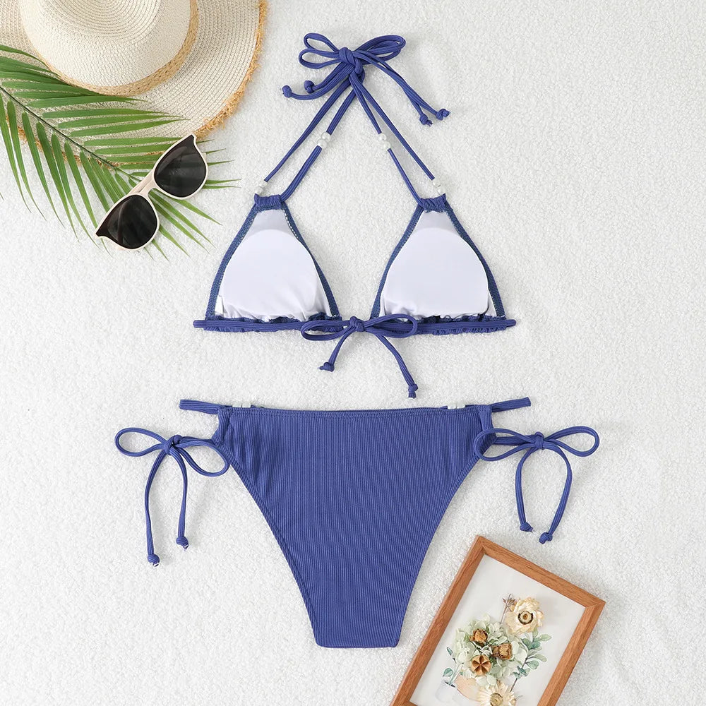Sexy Orange Bikini 2025 Women Pearls Strap Push Up Drawstring Side Thong Swimsuit Luxury Lace Up Beach Bathing Suit Swimwear
