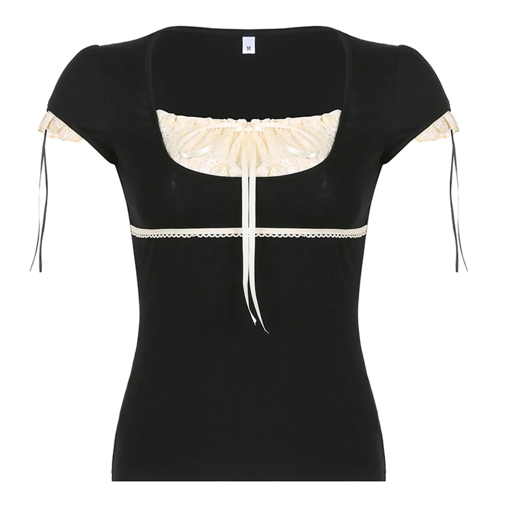 Women Summer T-shirt Lace Patchwork Square neck Short Sleeve Tee Tops Casual Retro Kawaii Y2K Aesthetic Shirts