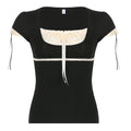 Women Summer T-shirt Lace Patchwork Square neck Short Sleeve Tee Tops Casual Retro Kawaii Y2K Aesthetic Shirts