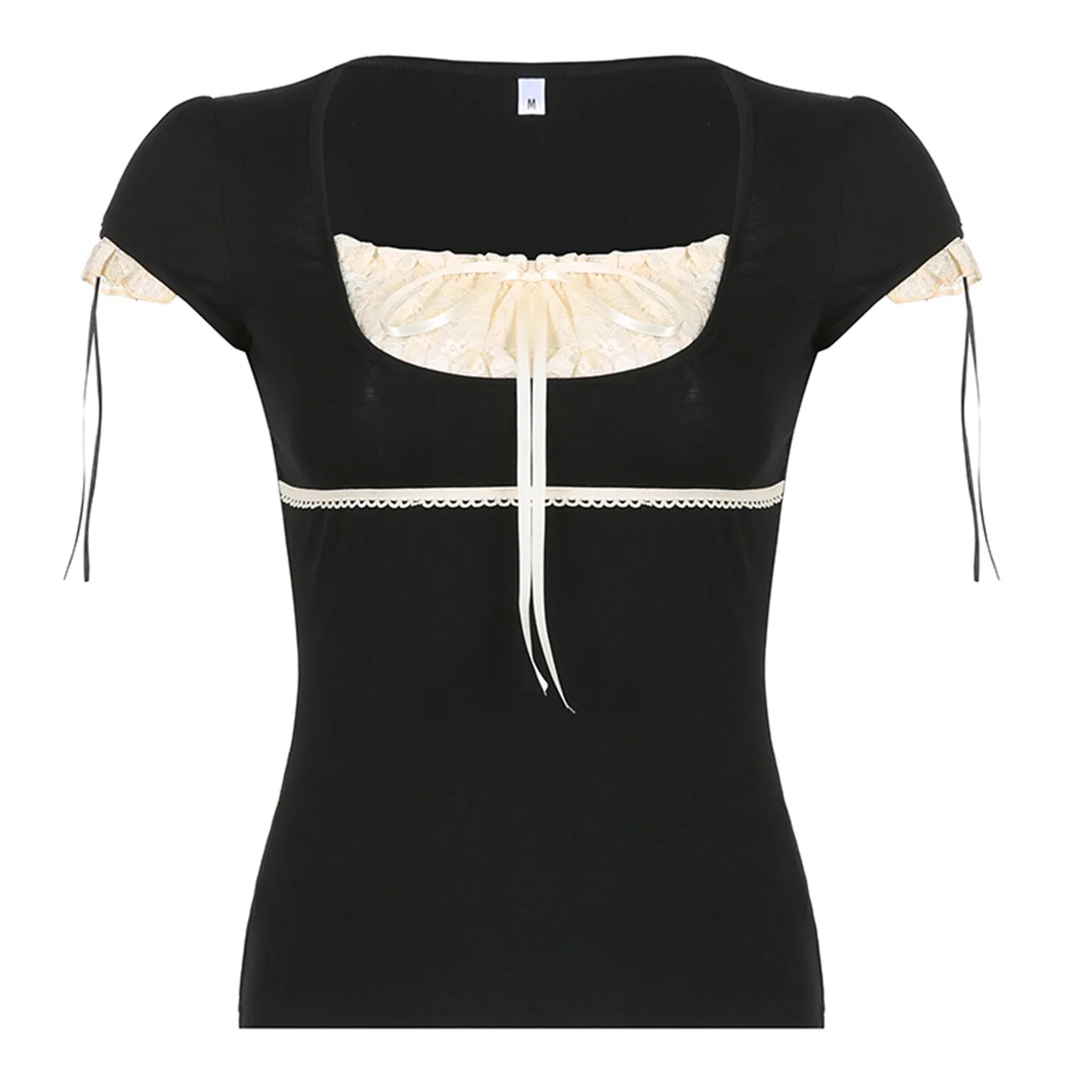 Women Summer T-shirt Lace Patchwork Square neck Short Sleeve Tee Tops Casual Retro Kawaii Y2K Aesthetic Shirts