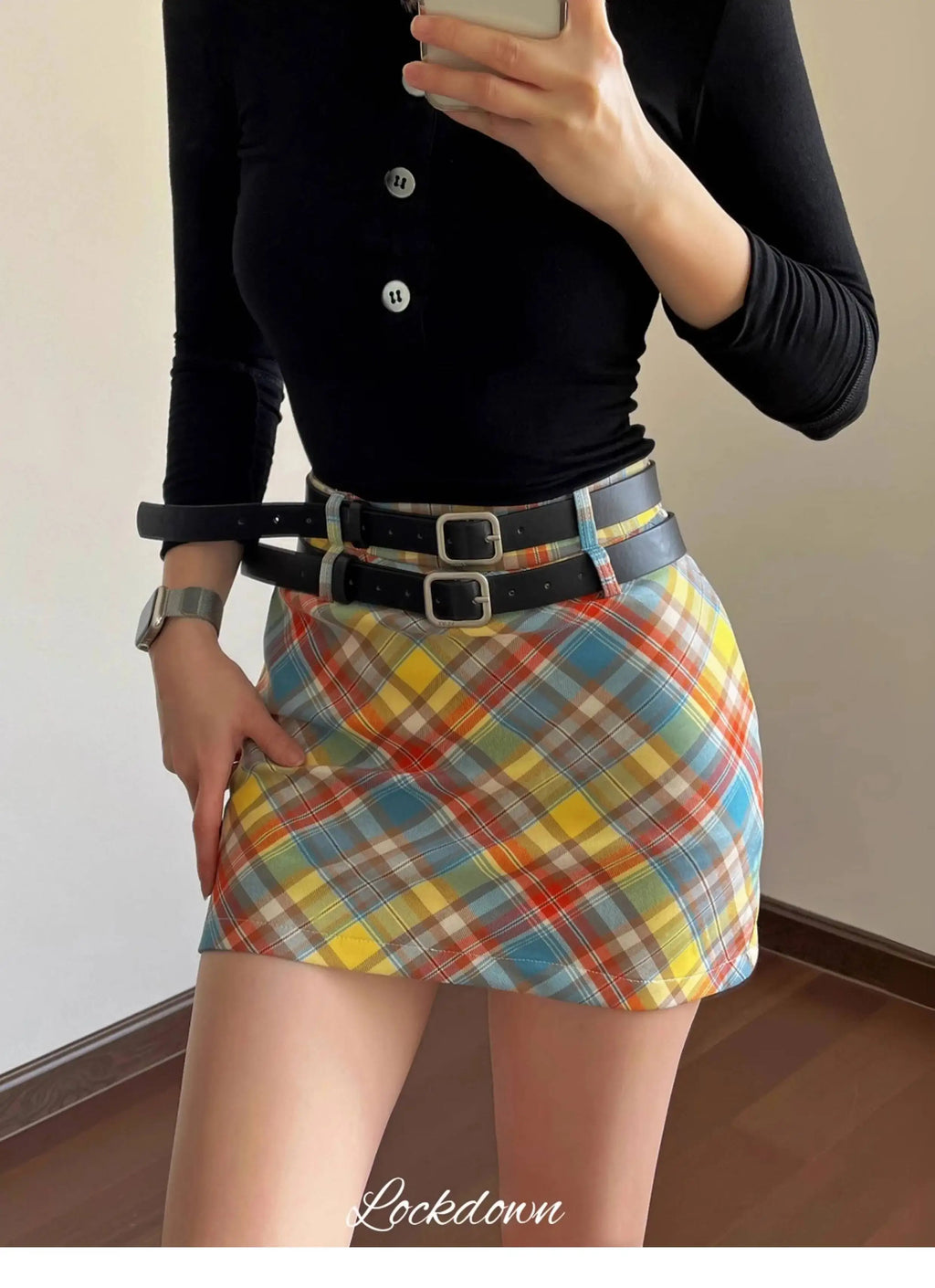 Plaid Double Waistband A-line Short Skirt  Women American Style Street High Waist Casual Collision Color Wrap Hip Skirt OJR7