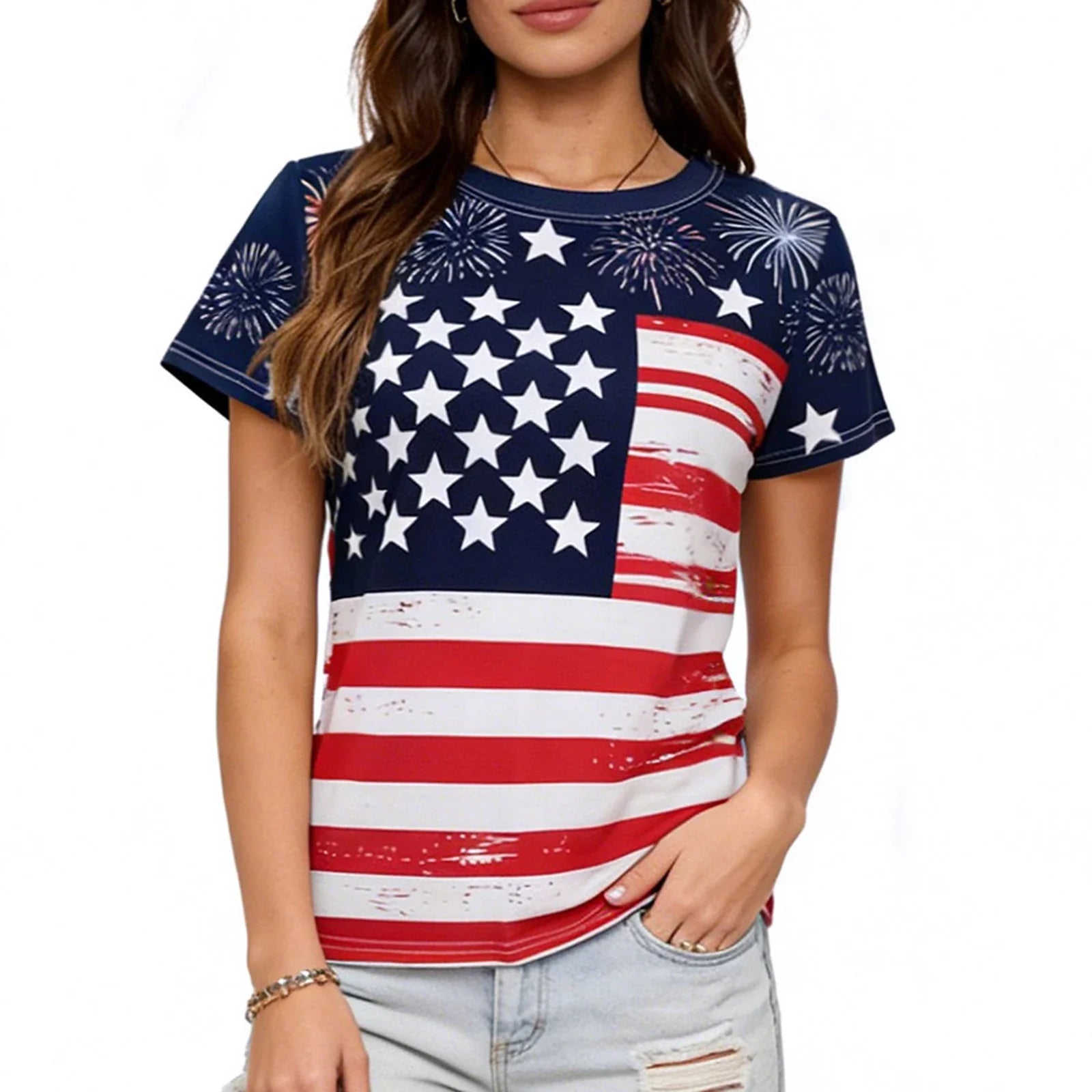 Women's 4th of July American Flag T Shirt Stylish Star Print Short Sleeve Round Neck Tops for Daily Wear