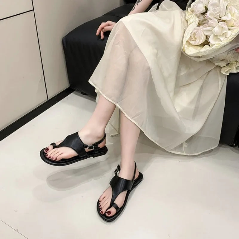 Women's Sandals 2026 Summer Fashion Casual Toe Flat Rubber Sole Buckle Beach Sandals