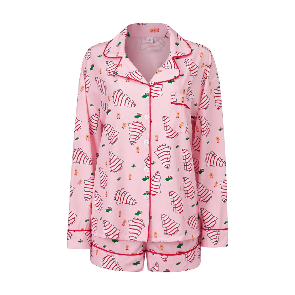 Women's Christmas Two Pieces Pajama Set Long Sleeve Lapel Santa Claus/Christmas Tree Print Shirt Shorts Loose Sleepwear