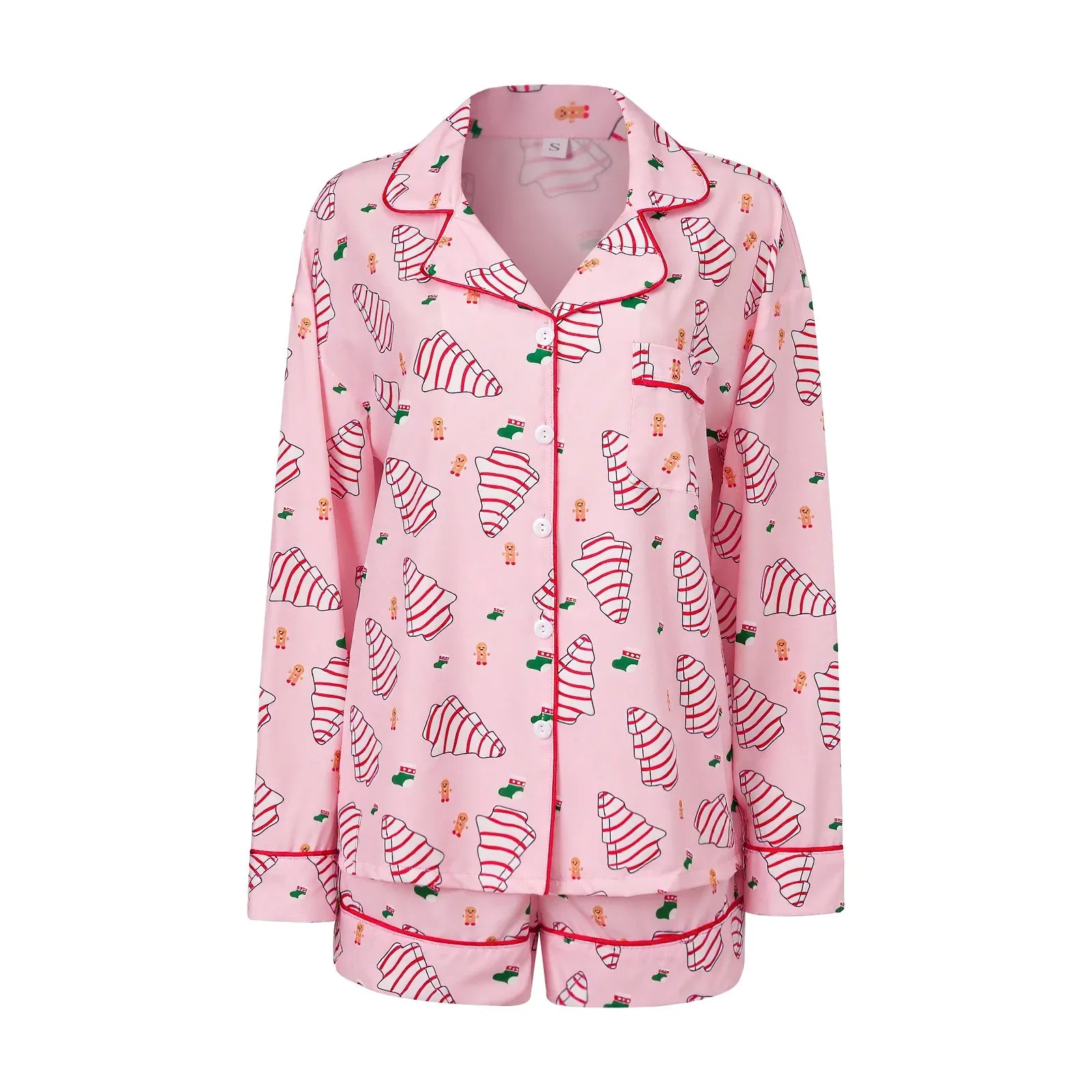 Women's Christmas Two Pieces Pajama Set Long Sleeve Lapel Santa Claus/Christmas Tree Print Shirt Shorts Loose Sleepwear