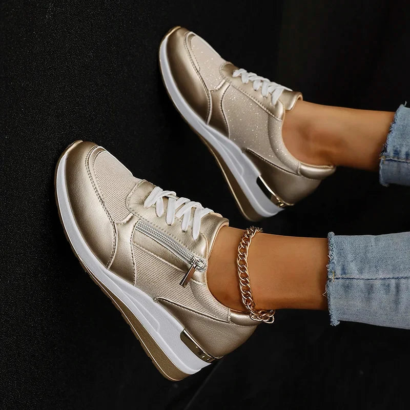 Fashion Thick Bottom Silver Sneakers Women 2025 Spring Wedge Heel Vulcanized Shoes Woman Comfortable Lace Up Sport Sneaker Mujer
