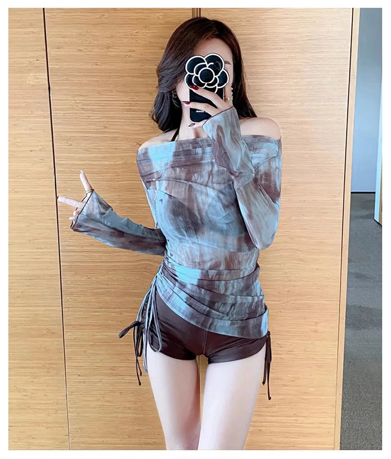 Swimsuit Women's Split Three-piece Long-sleeved Fashion Tie-dye Blouse Sexy Bikini Conservative and Slim Swimsuit