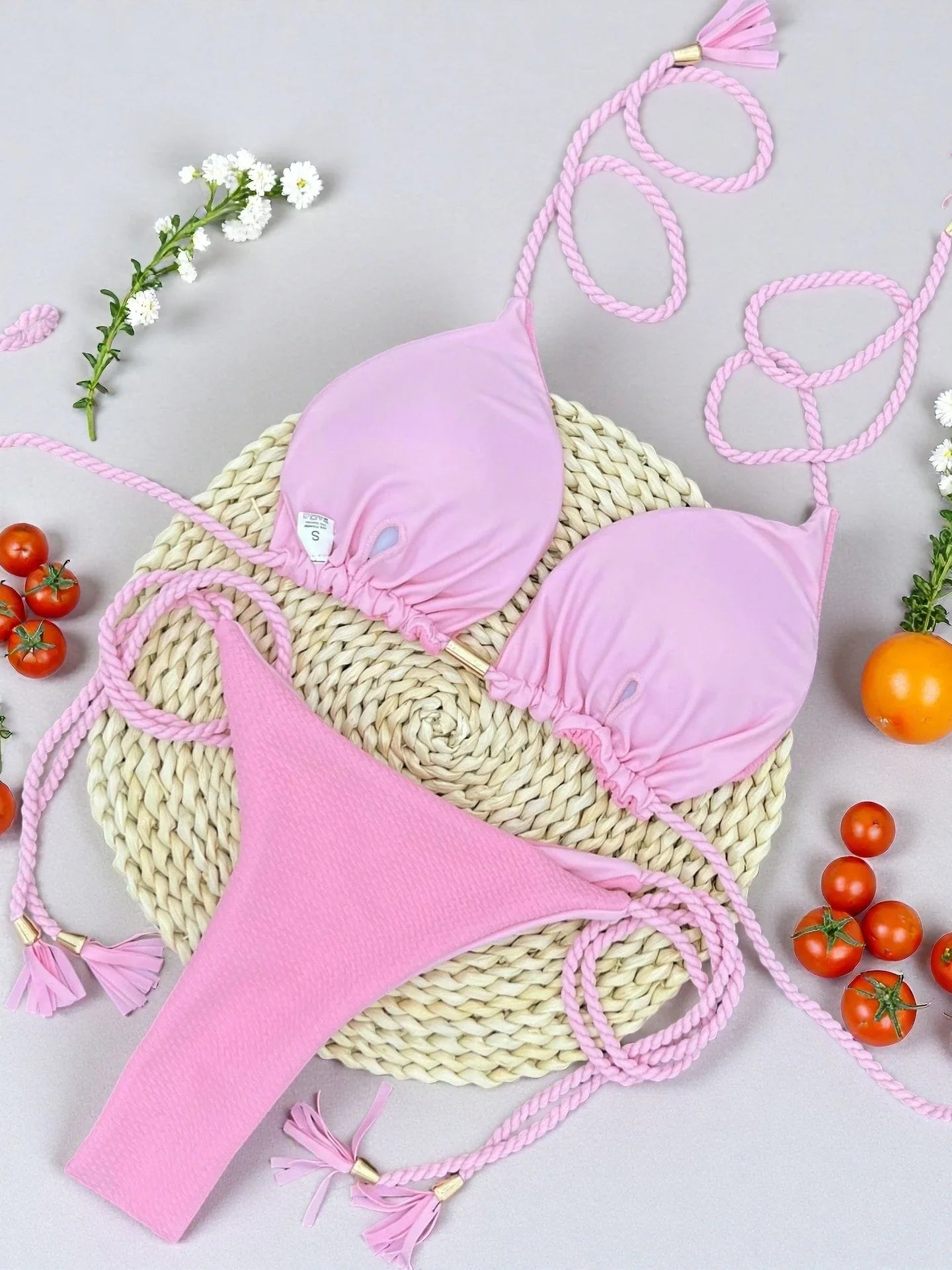 Sexy solid color special fabric swimsuit women's split bikini set woven rope hanging neck beach swimwear