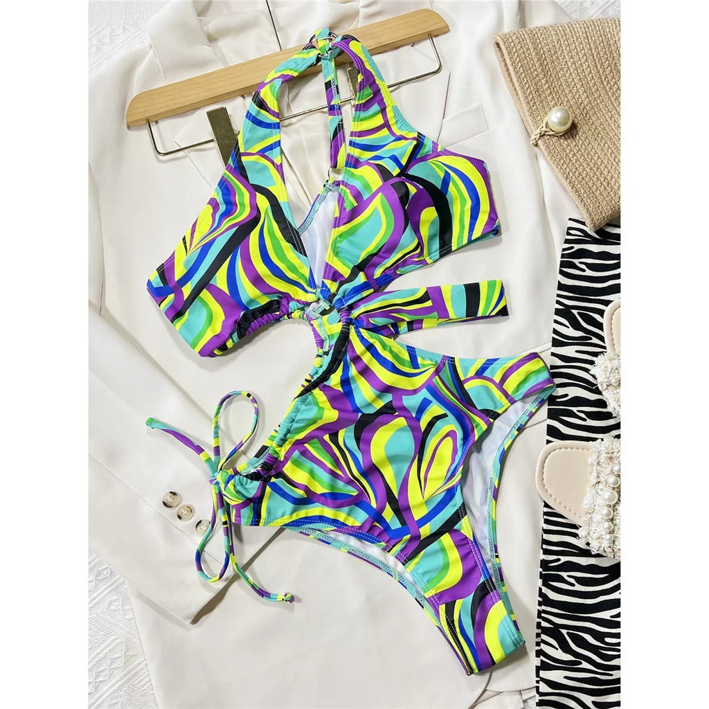 Asymmetric Printed Cut Out One Shoulder One Piece Swimsuit Women Swimwear Female Monokini Padded Bather Bathing Suit Swim V4276